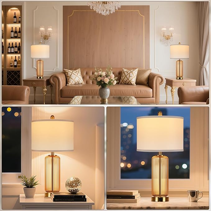 Table Lamps Set of 2 with Touch Control, 3-Way Dimmable Nightstand Lamp with Vertical Grained Glass, Bedside Table Lamps, 27" Modern Glass Bedside Lamps with USB A+C Ports, Brown Desk Lamp for Bedroom - Bloomnest