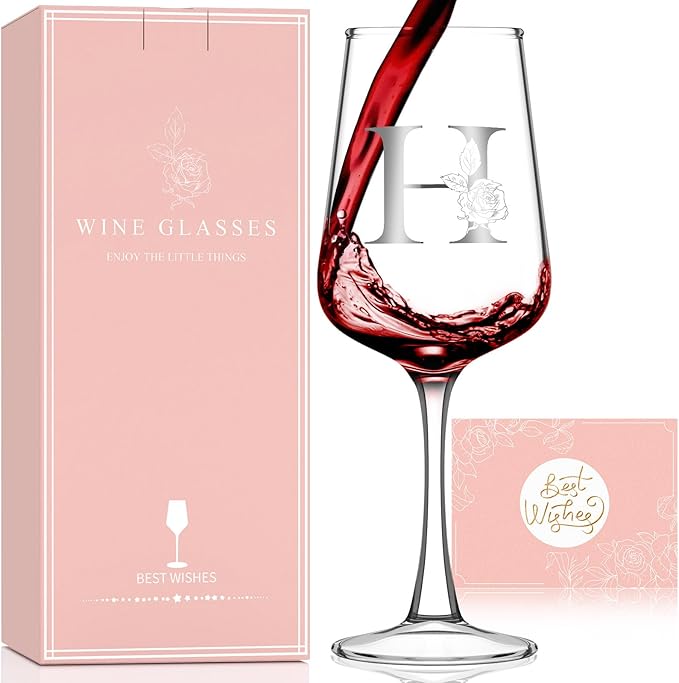 Valentines Day Gifts for Her Women - Personalized Initial Wine Glasses Custom Gift, Galentines Gift Christmas Mothers Day Birthday Gifts for Women Her Mom Wife Best Friend Sister (H) - Bloomnest