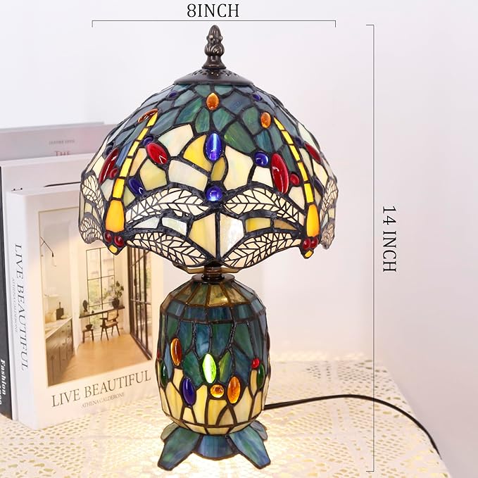 Small Tiffany Lamp Stained Glass Table Lamp Mini Mother Daughter Vase Desk Accent Night Light for Bedroom Bedside Reading Home Antique Style 8X14 Inches (Sea Blue Yellow) - Bloomnest