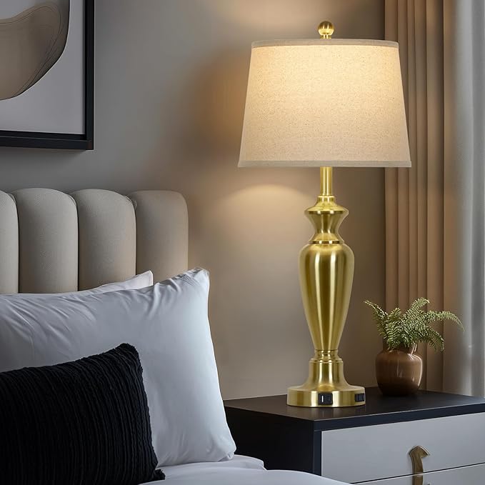 30" Tall Gold Table Lamp for Living Room, 3-Way Dimmable Touch Control Bedside Lamp for Bedroom Nightstand with USB A+C Ports & AC Outlet (1 Pack) - Bloomnest