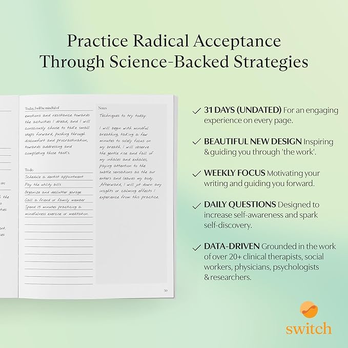 Switch Research Mindful Planner (Acceptance) - Evidence-Based Life Organizer - 31-Day Goal Planner to Develop Radical Acceptance - Daily planner With Prompts - Bloomnest