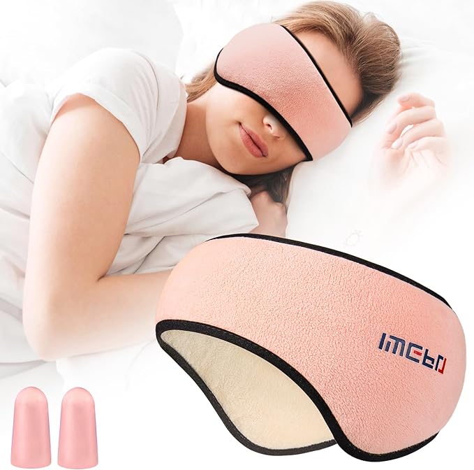 Plush Sleep Mask - Adjustable Headband, 2 in 1 Eye & Ear Mask for Men & Women, Soft Eye Cover for Side Sleepers (Pink) - Bloomnest