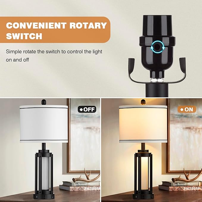 25" Modern Table Lamps Set of 2, Industrial Beside Lamps with USB A+C Charging Ports & AC Outlet, Nightstand Lamp with Glass Night Light for Living Room Bedroom End Table Decor White(4 Bulbs Included) - Bloomnest