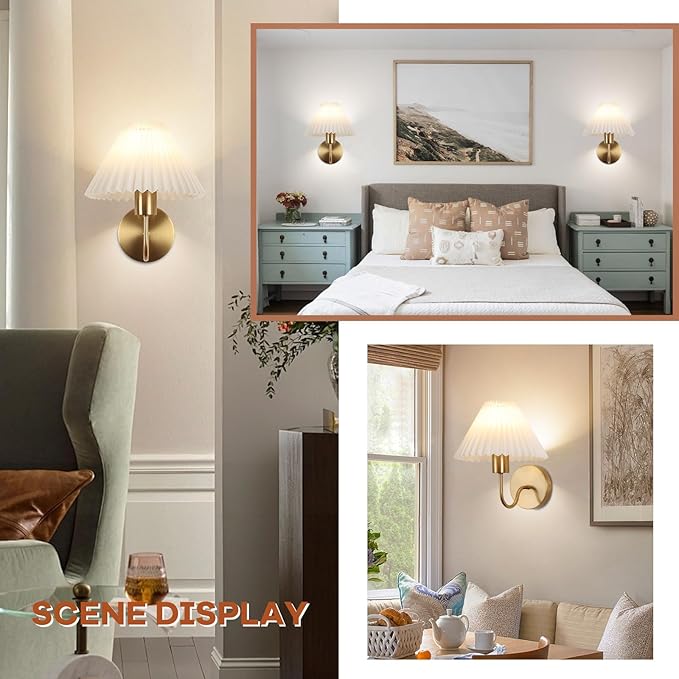 Wireless Wall Sconce Sets of 2, Pleated Shades Rechargeable Battery Operated Wall Sconce, Retro gooseneck Gold Wall Lights Bathroom Vanity Sconces, Wall Mounted Lamps for Bedroom Living Room Kitchen - Bloomnest