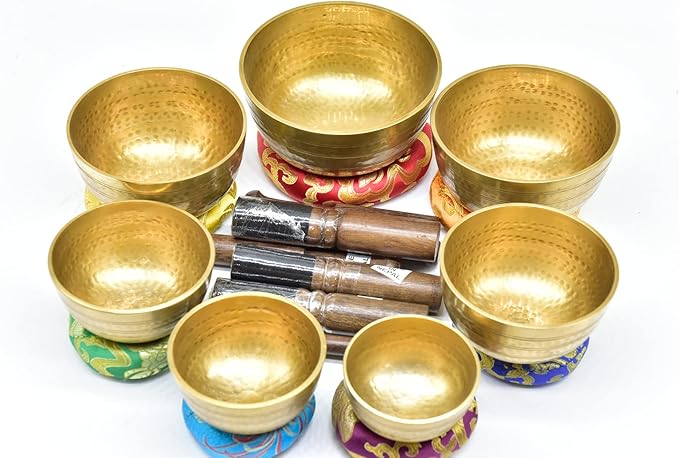 Set of 7 Chakra singing bowl- All in one- Handmade, healing bowls from Nepal-Meditation Bowl,Healing, Great for Meditation, Yoga, Sound Bath, Mindfulness, Relaxation ~ Cushion, Wooden Mallet GKCOKukriHouse