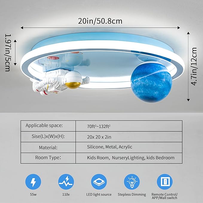 Astronaut Ceiling Light Fixture 20“ Dimmable Kids Flush Mount Ceiling Lights for Bedroom LED Chandelier 3000K-6000K with Remote Children Ceiling Lamp for Kitchen,Nursery Room - Bloomnest