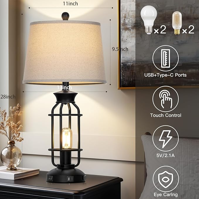 28" Vintage Table Lamps with USB C+A Ports & AC Outlet, Industrial Farmhouse Table Lamp Set of 2, Black Modern Nightstand Beside Lamps with 2 Night Light for Living Room Bedroom(4 LED Bulbs Included) - Bloomnest