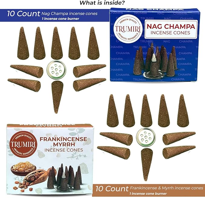 TRUMIRI Incense Cones - Combo Pack of 20 Cone Incense - Nag Champa & Frankincense Myrrh TRUMIRI