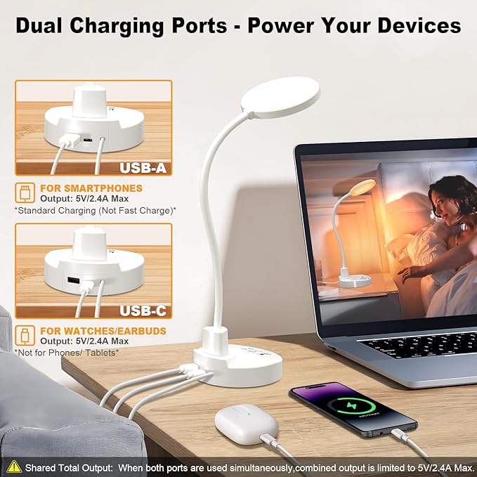 15W LED Desk Lamp with USB Charging Ports – Dimmable Table Lamp with 3 Color Temps, 5 Brightness, 4 Timers, Flexible Gooseneck Light with Base, Eye-Caring Reading Light for Home Office, Bedroom, Study - Bloomnest