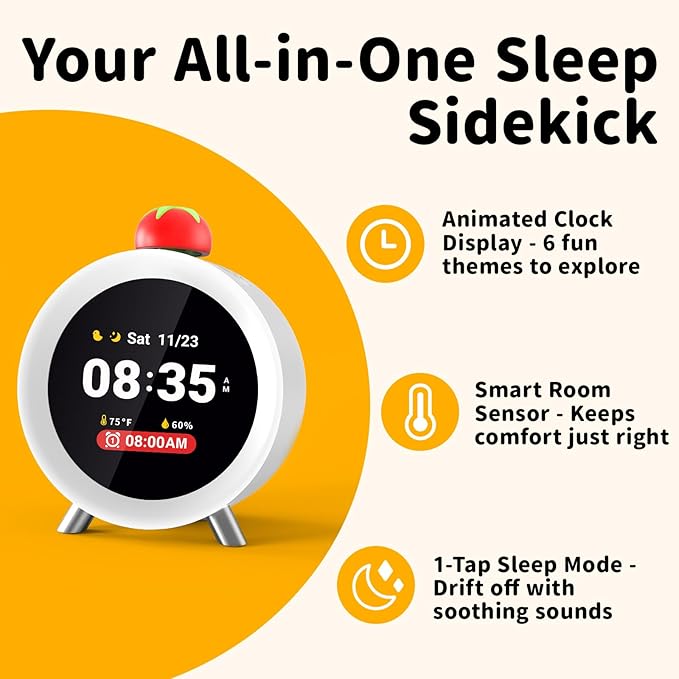 Dekala ChronoSense Sound Machine Alarm Clock for Bedroom w/Temperature Humidity, Sleep White Noise Sound Machine, 100dB Loud Gradual Alarm for Heavy Sleeper IPS Screen Animation
