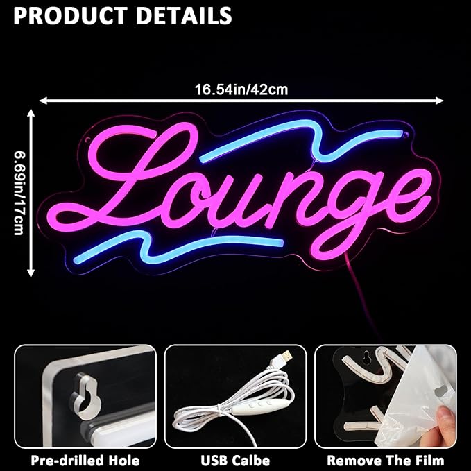 Lounge Neon Sign for Wall Decor, 16.54" x 6.69" Rest Led Signs for Room, USB Dimmable Neon Lights for Lounge Room Bar Hotel Cafe Nightclub VIP Room Man Cave Home Bedroom Decoration - Bloomnest