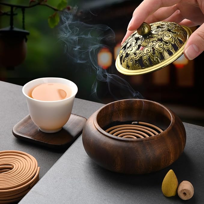 Wood Incense Burner with Holder - Handmade Smudging Bowl for Stick or Coil Incense - Walnut - Bloomnest
