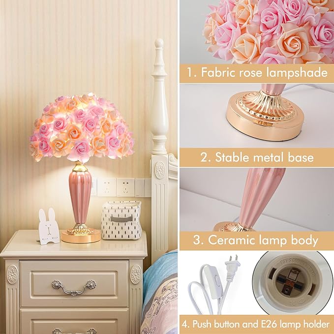 Pink Flowers Lamp Beautiful Yellow Flower Bedside Lamp Romantic Rose Bouquet Table Lamp for Wedding Girl Bedroom Valentines Dating Living Room Hotel Office Endtable - Bloomnest