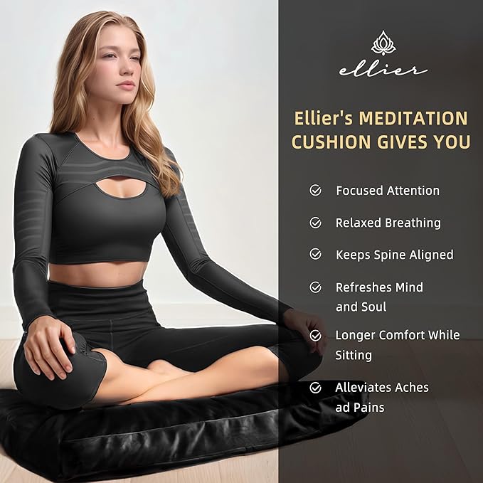 Zafu & Zabuton Meditation Cushion Set - Buckwheat Hull & Memory Foam Pillows, Ergonomic Support for Yoga, Mindfulness - Organic Velvet Cover, Large Size, Durable Comfort (Black) - Bloomnest