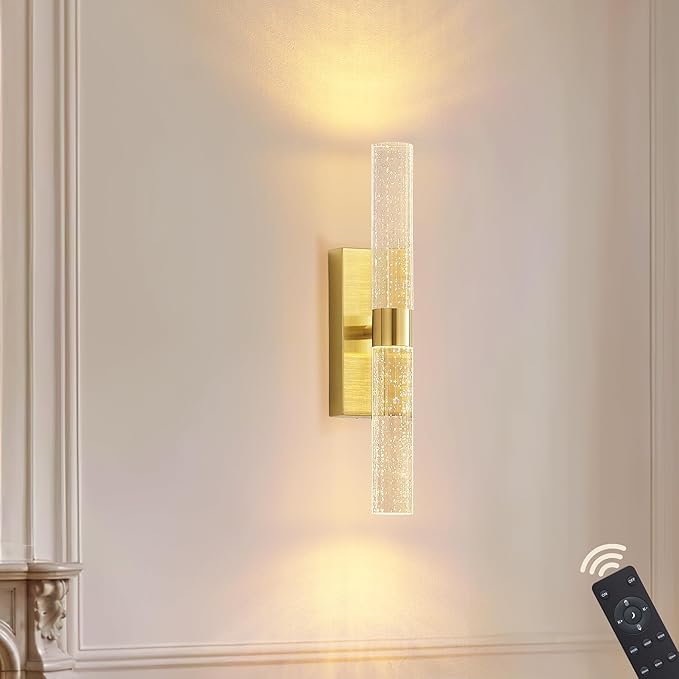 Gold Battery Operated Wall Sconce with Remote Control, 350°Rotate, Dimmable, 3000K/4000K/6000K, Timer, for Bedroom, Living Room, Hallway, Dining Room, 15.3 Inch, 1 Pack - Bloomnest