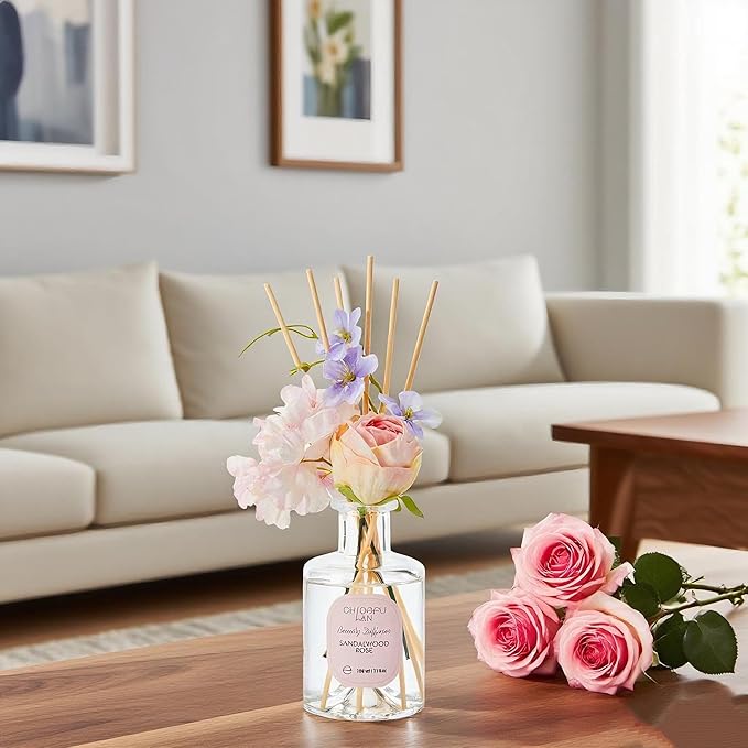 Chloefu Lan Premium Reéd Diffuser Set with Pink & Purple Flowers Reéd Diffuser Sticks Sandalwood Rose | 6.7oz Scent Fragrance Oil Diffuser for Bedroom Bathroom Home Shelf Décor - Bloomnest