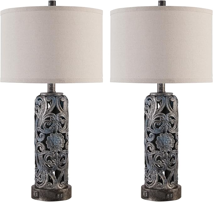 RORIANO 25'' Set of 2 Rustic Table Lamp for Bedroom Living Room with 2 USB Ports, Farmhouse Vintage Resin Nightstand Lamp with Nightlight, Antique Retro Desk Lamp for Entryway, 2 Bulbs Included - Bloomnest