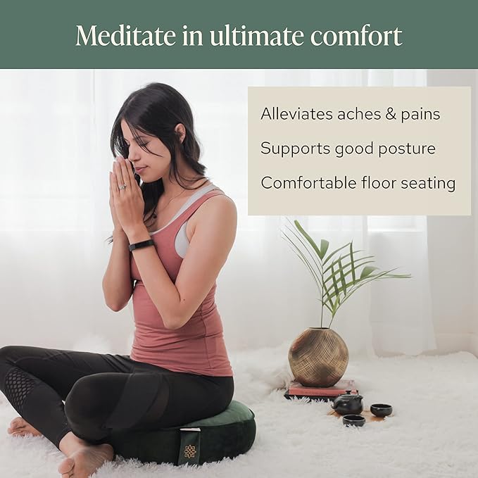 Mindful Modern Velvet Meditation Cushion | Luxe Zafu Yoga Floor Pillow Seat | Posture Support | Buckwheat Hull Filled | Large Round Cushion with Removable Washable Cover + Carry Handle