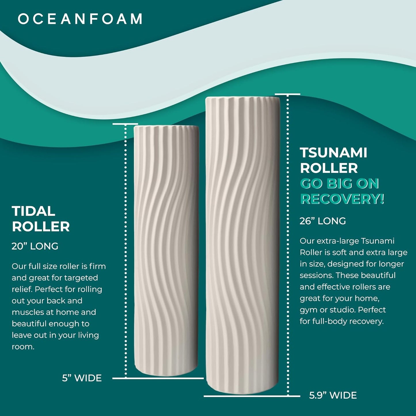 Oceanfoam Tsunami Roller (Natural) - Soft, Textured Foam Roller for Physical Therapy, Back Pain, Exercise & Stretching - Wave Textured - Yoga, Athletics, Wellness - Extra-Large 26" x 5.9"