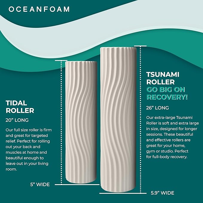 Oceanfoam Tsunami Roller (Natural) - Extra-Large, 26" x 5.9" - Soft, Textured Foam Roller for Physical Therapy, Back Pain, Exercise & Stretching - Wave Textured - Yoga, Athletics, & Wellness - Bloomnest
