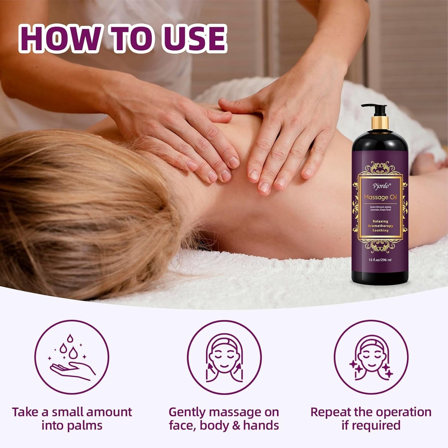 Aromatherapy Lavender Massage Oil, 10 fl oz Relaxing Massage Oil for Massage Therapy with Grape Seed, Sweet Almond & Jojoba, Spa Quality Oils for Soothing, Calming