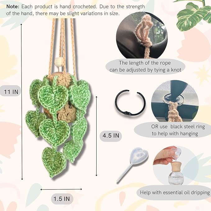 Handmade Crochet Hanging Car Air Freshener- Lifelike Green Pothos for Hanging with 12ml Thick Refillable Glass Diffuser Bottle, Suitable Decor for Car Rearview Mirror, Home & Wellness Spaces - Bloomnest