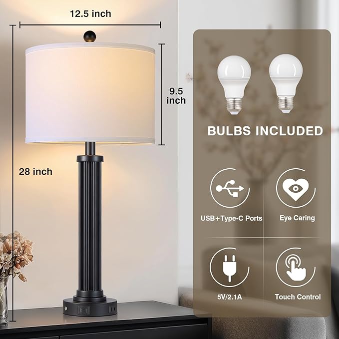 28" Tall Modern Table Lamps Set of 2 with USB C+A Ports and AC Outlet, 3 Way Touch Metal Bedside Lamps for Living Room, Black Nightstand Lamps for Bedroom - Bloomnest