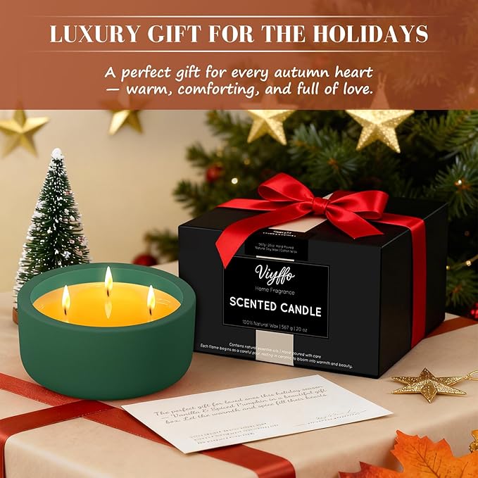 Viyffo Fall Candles - Pine & Cinnamon, 3 Wick Large Scented Candle, 20oz Soy Candles for Women & Men, Non Toxic Aromatherapy Candle, Ceramic Velas Perfect for Autumn Home Decor & Gift - Bloomnest