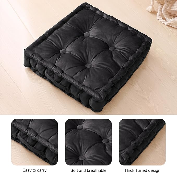 Square Floor Pillows, Large Floor Cushion for Adults Kids, Meditation Floor Pillow Seating Cushion with Shredded Memory Foam and Silk Wadding, 20"x20"x5" Black 2 Count - Bloomnest