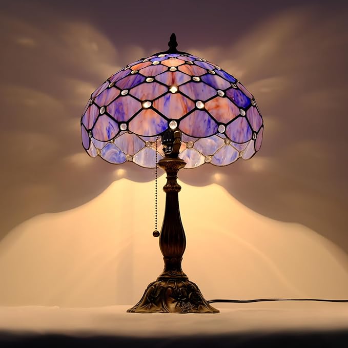 Tiffany Lamp Vintage Deep Blue Stained Glass Bead Table Lamp Desk Bedside Reading Light Decor Bedroom Living Room Home Office D12*H18 Inches - Bloomnest