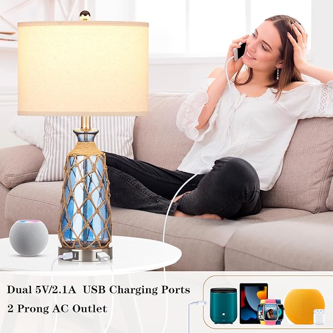 Coastal Glass Table Lamps, 3-Way Dimmable Touch Control Bedside Lamps with 2 USB Ports and AC Outlet, Blue Nautical Nightstand Lamps for Bedroom Living Room (LED Bulbs Included) - Bloomnest