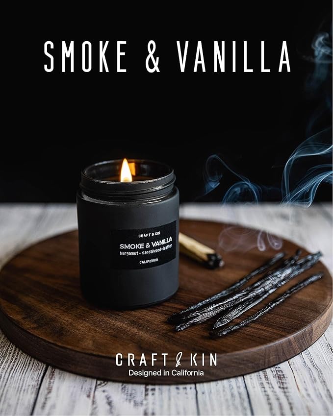 Craft & Kin Premium Smoke & Vanilla Candle | Black Christmas Scented Candles for Men | Long Lasting with 45 Hour Burn Time, 7.6oz | Soy Holiday Candle | Aromatherapy at Home | Gifts for Men - Bloomnest