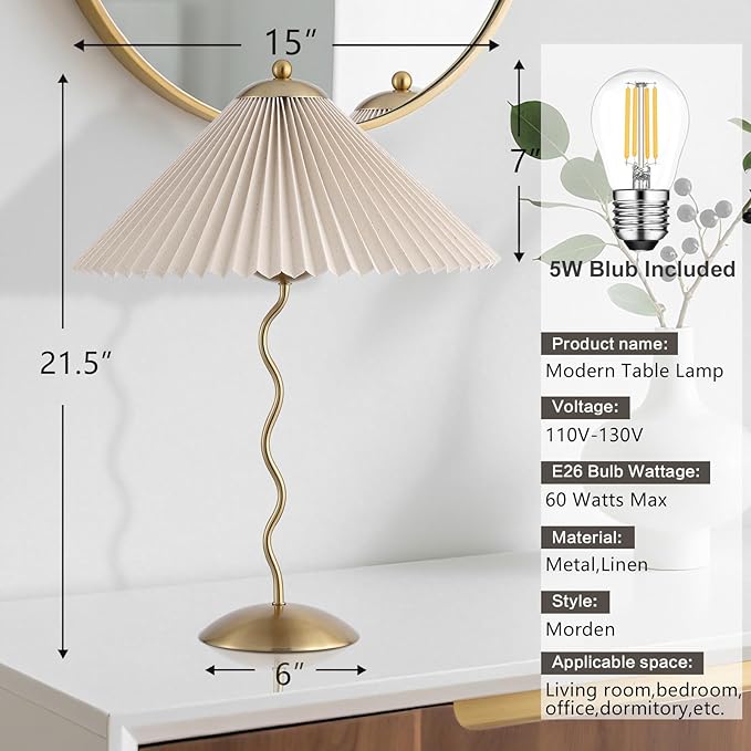 Pleated Table Lamp, S Tube Modern Table Lamp for Bedroom, Bedside Lamps with Organic Textured Linen Lampshade for Nightstand Bedroom Home Office Decor, Gold - Bloomnest