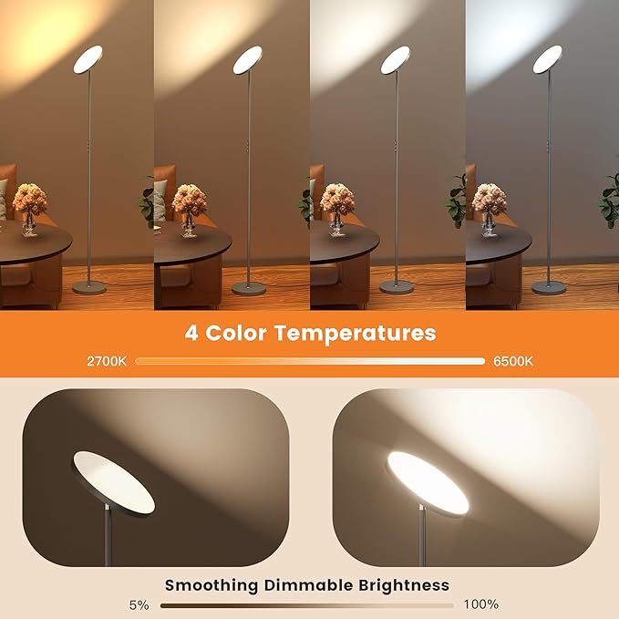 Floor Lamp,Bright 36W 3500LM Standing Lamp with Remote, 2700K Soft White to 6500K Cool White Adjustable,Touch Control Dimmable Torchiere Tall Light for Living Room,Bedroom,Office,Sofa(Gray) - Bloomnest