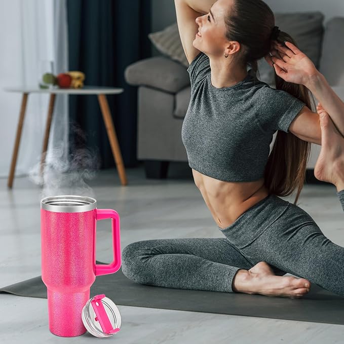40 oz Tumbler with Handle and Flip Straw Lid, Vacuum Insulated Leak Proof Double Walled Stainless Steel Glitter Travel Mug Tumblers, Maintains Cold Ice and Heat for Hours(Hot Pink) - Bloomnest