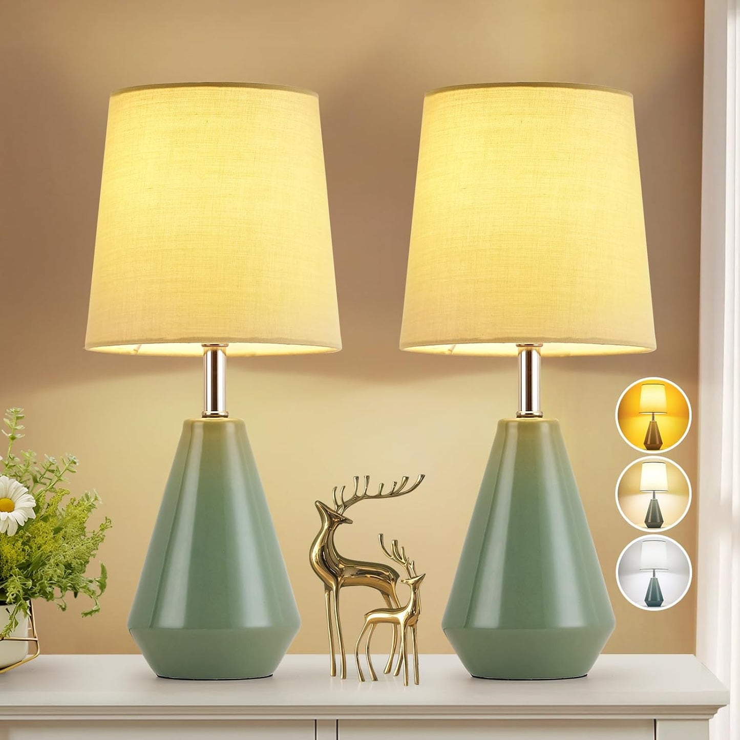 Small Bedside Table Lamp for Bedroom-Reading Desk Lamp Set of 2,with 3 Color Temperatures,15.5" Nightstand Ceramic Lamp with Fabric Shade for Kids Room,Living Room,Dorm,Home Office (Green)