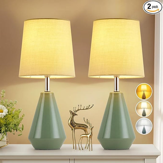 Small Bedside Table Lamp for Bedroom-Reading Desk Lamp Set of 2,with 3 Color Temperatures,15.5" Nightstand Ceramic Lamp with Fabric Shade for Kids Room,Living Room,Dorm,Home Office (Green) - Bloomnest