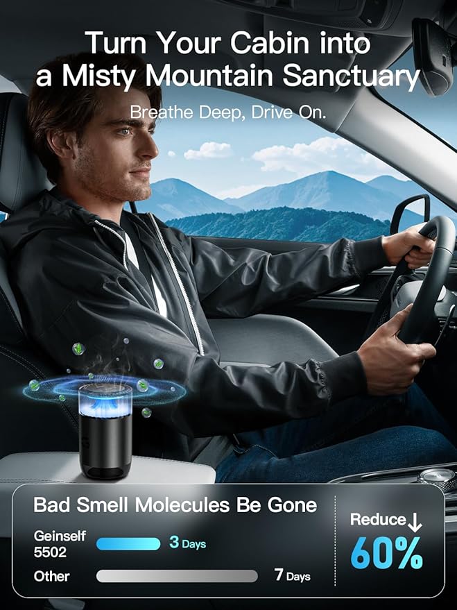 Smart Car Air Freshener Diffuser, Waterless Essential Oil Diffuser with 4 Modes, 4 Scent Refills, Auto On/Off, USB - C Rechargeable Wireless, Ambient Light for Home/Car Use (5502-Black) - Bloomnest