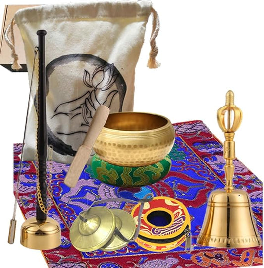 8Pcs Tibetan Buddhist Meditation Set,3.1in Singing Bowl,7.5in Brass Bell Dorje Vajra,2.5in Tingsha Cymbals Bells,Singing Scripture Implement Buddhist Supplies,Tibetan Dharma Mat and Zen Bag,HDRELEODY - Bloomnest