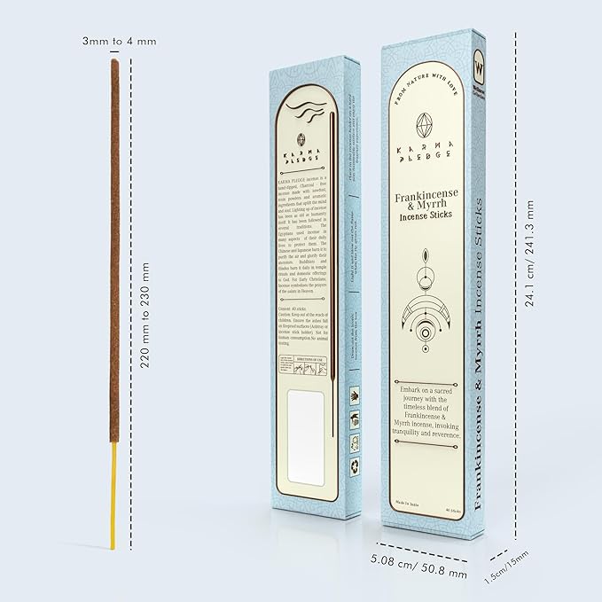 Frankincense & Myrrh Incense Sticks, Organic Hand Dipped Incense, Natural Herbs & Aromatic Ingredients, Contain 40 Sticks Inside, Burn Time 45-60 Min, Spiritual Gifts, Incense By Karma Pledge