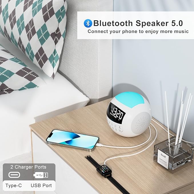 42 Sound White Noise Machine for Kids Adult Baby Sleeping + Bluetooth + Nightlight, Lullaby/Nature Soothing Sounds, 2 Alarm Clock for Bedroom Home, Adjustable Volume, 15-480 Timer, USB & AC Powered… - Bloomnest