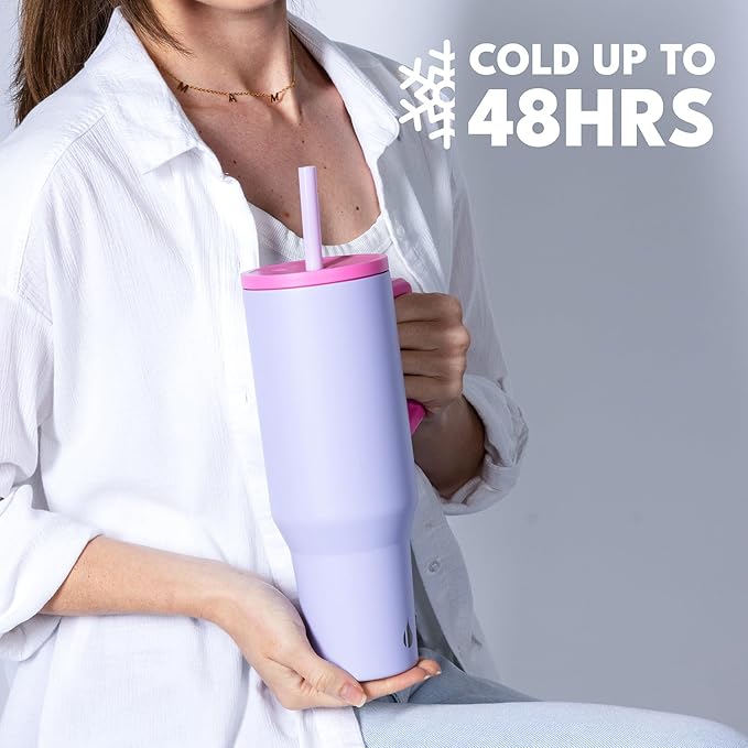 Elemental 40 oz Tumbler with Handle and Straw - Spill Proof Insulated Stainless Steel Commuter for Hot and Cold Beverages - Travel Coffee Mug with 2 Straws & Spill Proof Lid - 40oz - Lilac Tie Dye - Bloomnest