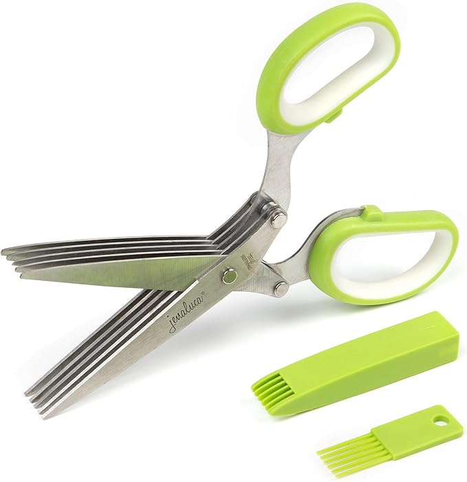 Jenaluca 5 Blade Herb Scissors - Cut & Chop Fresh Herbs & Leafy Greens - Salad Scissors - Stainless Steel Kitchen Shear Set with Cleaning Comb & Safety Cover - Kitchen Gadget - Green - Bloomnest