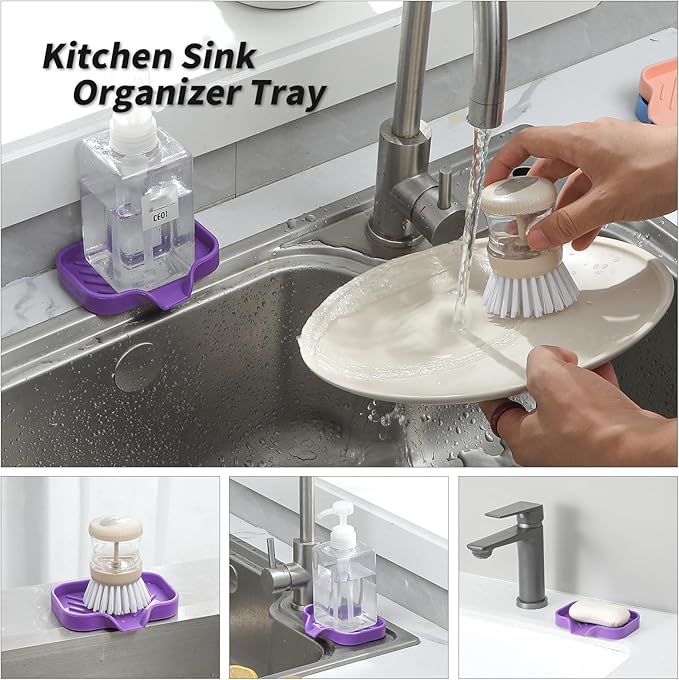 Silicone Bathroom Soap Dishes with Drain Spout-Bathroom and Kitchen Sink Organizer,Sponge Holder,Dish Soap Tray,Perfect for Dispenser,Scrubber,Bottle,Cup on Sink or Counter-Purple 4.9"×3.2" - Bloomnest