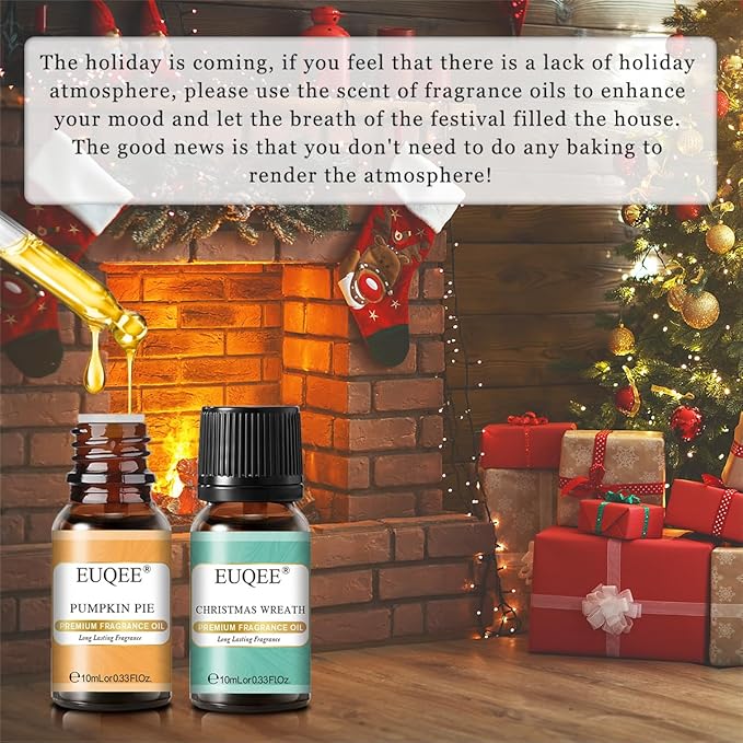 EUQEE Holiday Cheer Premium Fragrance Oils Set of 6 - Forest Pine, Christmas Wreath, Brown Sugar, Harvest Spice, Gingerbread, Pumpkin Pie - Scented Oils for Diffuser, Candle Making (10ml) EUQEE