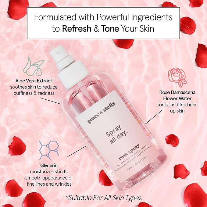 grace & stella Award Winning Rose Water Facial Spray (240ml) - Vegan - Rose Water Spray for Face - Rosewater Spray Toner Rose Hydrosol - Rose Spray Facial Mist - Rosewater Spray Toner Rose Hydrosol - Bloomnest