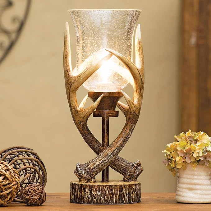 BLACK FOREST DECOR Antler Lodge Uplight Lamp - Rustic Lodge Lamp with Seeded Glass Globe - Bloomnest