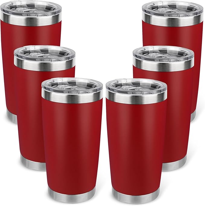 20oz Stainless Steel Tumbler Bulk with Lid, Travel Mug - Double Wall Vacuum Powder Coated Cup - Red, 6 Pack - Bloomnest