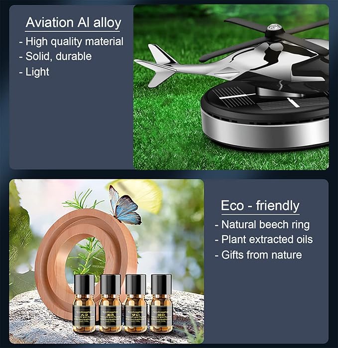 Car Air Freshener, Helicopter Solar Energy Rotating Aromatherapy Aviation Al Alloy Diffuser, Interior Decoration Accessories Diffuser for Car and Home (Silver) - Bloomnest
