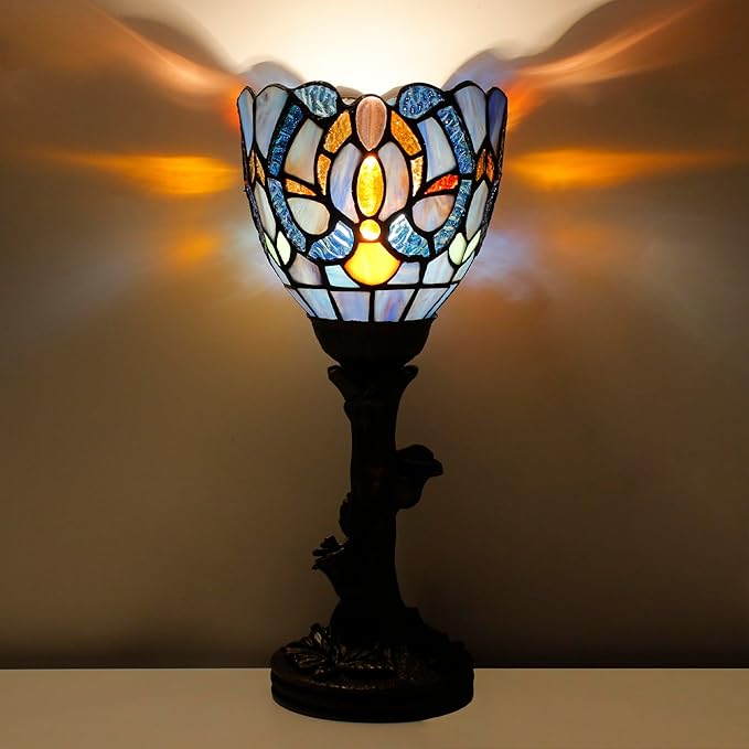 Small Tiffany Lamp Mini Stained Glass Table Lamp Blue Liaison Accent Desk Uplight W6 H13.5 Inch Bronze Resin Base - Bloomnest
